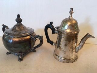 Antique Set Of 2 Different Style Silver Plate Creamer And Sugar Bowl