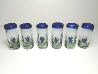 6 X Mexican Tequila Shot Glasses,  With Agave Cactus,  Blue Rim,  Hand Blown