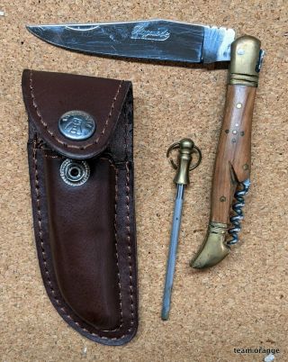 Laguiole Folding Knife W/corkscrew,  Leather Sheaf,  Sharpener
