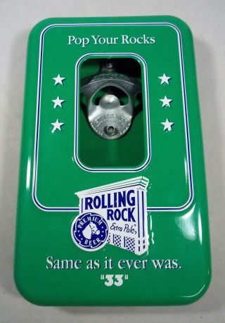 Rolling Rock Beer Metal Bottle Opener & Cap Canister Nib Starr X