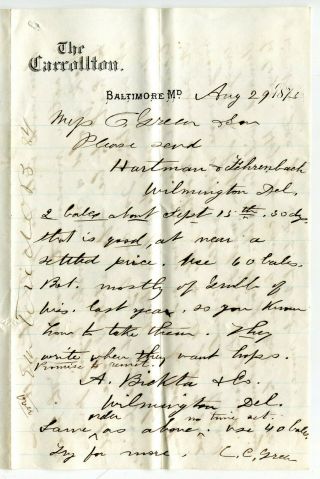Scarce 1873 Hartmann & Fehrenbach Brewery Letter Wilmington Delaware De Beer Old
