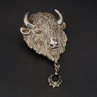 Vtg Sterling Silver - Onyx Bison Buffalo Head Animal Dangle Pendant - 35g