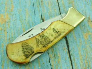 Vintage American Blade Scrimshaw Tall Ship Bone Side Winder Pocket Knife Knives