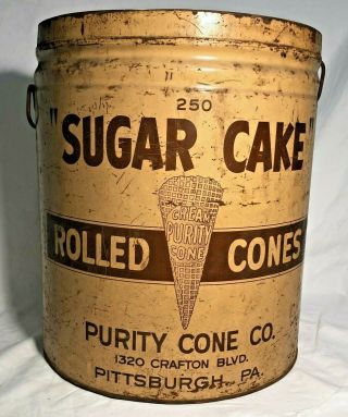 Vintage Sugar Cake Rolled Ice Cream Cones 14.  5 " Tin Bucket Purity Co.  Pittsburgh