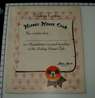 Orig 1960s Mickey Mouse Club Membership Certificate - Old Stock -