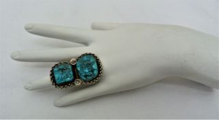 1 3/4 " Wide Vintage Navajo Sterling Silver Double Turquoise Ring Size 5 23.  5g