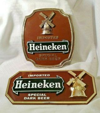 Two Vintage Heineken Special Dark Beer Signs - Plastic Molding - 3d Windmill