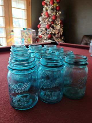 12 Old Vintage Blue Glass Ball Pint Perfect Mason Canning Fruit Jars 1923 - 1933