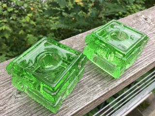 Set Of 2 Vintage Mid Century Modern Green Glass Canble Holders Brutalist Brick