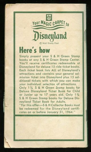 Full 40 - Page Green Stamps Booklet W Ad For Disneyland Certificate On Back 1963