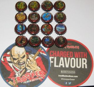 Full Set Of All 16 Iron Maiden Trooper Beer Bottle Top Caps Tops & 2 Beer Mats