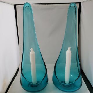 Mcm Vintage Viking Art Glass Pair Swung Taperglow Candle Holders Bluenique 15 "