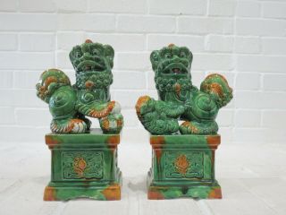 Foo Dogs Statues Pair Chinoiserie Porcelain Ceramic Green Vintage Style Figurine