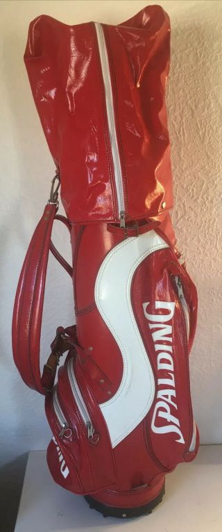 Vintage Red & White Spalding Leather Golf Bag Rain Cover 6 Way Cart Bag