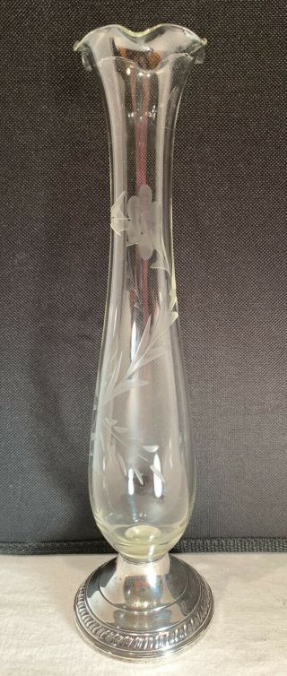 Vintage Crown Sterling Silver Weighted Bud Vase With Etched Glass