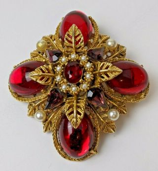Vtg Art Arthur Pepper Maltese Cross Red Purple Rhinestone Pearl Gold Brooch Pin