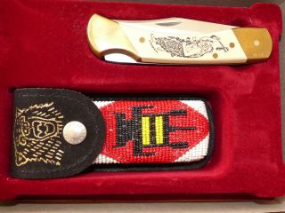 Schrade Scrimshaw Bear Cult Knife Beaded Sheath & Papers Limited Edition