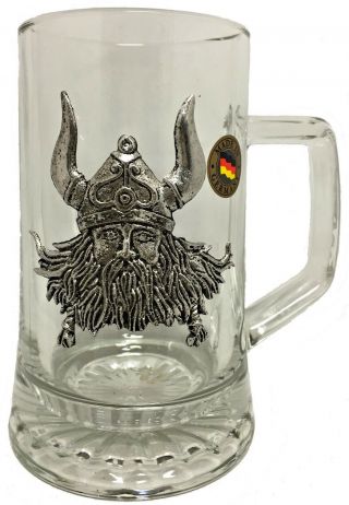 Pewter Viking Wearing Helmet Decal German Glass Beer Stein Mug.  4 Liter