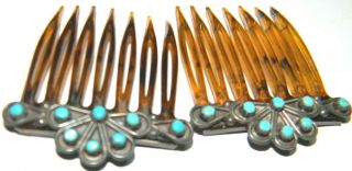 Pair Vintage Native American Snake Eye Turquoise Sterling Hair Ornaments Combs