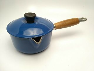 Blue Vintage Le Creuset 14 Cast Iron Sauce Pan With Spout Wood Handle