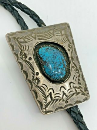 Vtg Navajo Sterling Silver Turquoise Bolo Tie Signed Yazzie Hubbell Trading Post