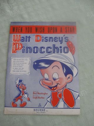 Vintage Sheet Music - Walt Disney " S " When You Wish Upon A Star " From Pinocchio 1939