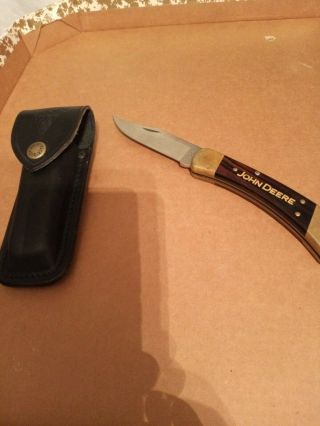 Vintage John Deere Buck 110 Usa Folding Lock Blade Knife With Black Leather Case
