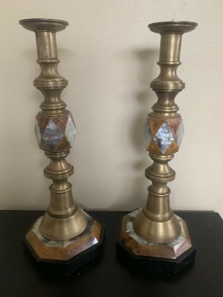 Vintage Maitland Smith Brass Candle Holder Pair Tall Candlestick Holders 15.  5”