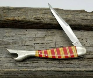 Vintage Winchester Candy Stripe Lady Leg Boot Knife Bottle Opener Red Yellow