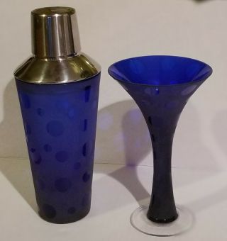 4 Vintage Mid Century Modern Cobalt Blue Martini Glasses W/ Matching Shaker 50 
