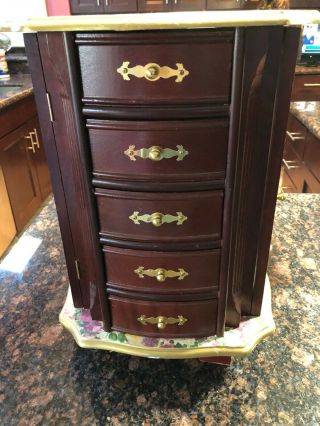 Large Vintage Rotating Wooden Jewelry Box 10 Drawers 2 Doors With Hooks Excond