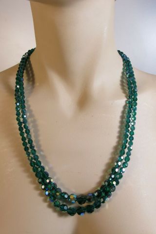 Vintage Sherman Bleu Green Ab Faceted Crystal Beads Two Strand Necklace 24 "
