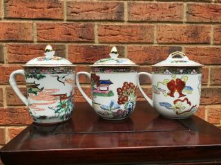 3 Vintage Chinese Canton Famille Rose Porcelain Tea Mug Lid W Gold Gilt Accents