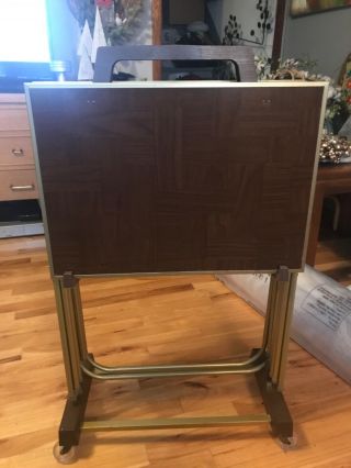 Mid Century Vintage Set Of 4 Standing Tv Trays With Rolling Stand Faux Wood Look