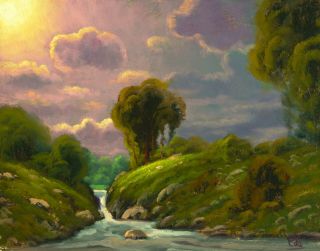 Oil Painting Art Signed Vintage Western Landscape Clouds 52001 Max Cole