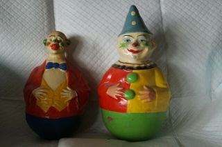 Two Antique Toy Paper Mache Roly Poly Clowns