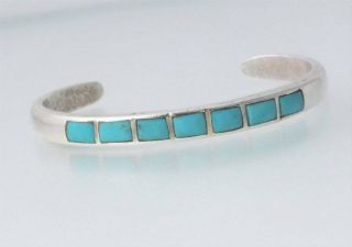 Vintage Sterling Silver Inlaid Turquoise Cuff Bracelet 21.  7 Grams