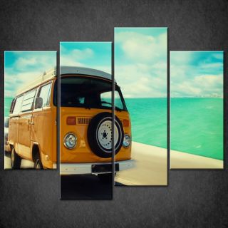 Vw Camper On The Beach Retro Vintage Car Canvas Print Picture Wall Art
