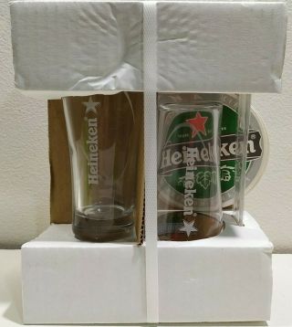 2 Heineken Red Star.  25l 6 1/2 " Tall Beer Glasses W/coasters & Mixer
