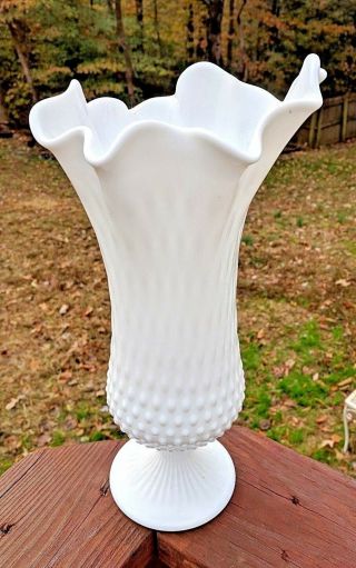 Large Vintage Fenton White Handkerchief Hobnail Pedestal Swung Vase Milk Glass