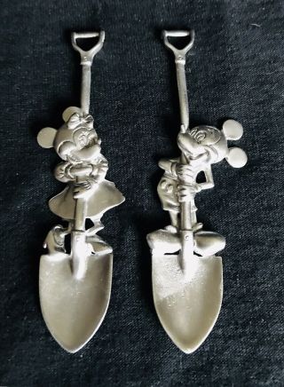 2 Collectible Pewter Disney Mickey & Minnie Mouse Silver Metal Spoons Shovels