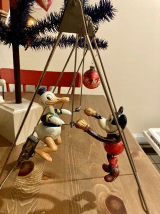 Rare Mickey Mouse Donald Duck 1930 Antique Celluloid Trapeze Windup Toy Tin Old