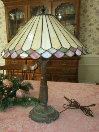 Vintage Tiffany Style Table Lamp 21 " Stained Glass Pink & Green