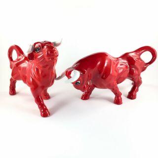 Two 9 " Vintage Red Bull Figurines Porcelain Ceramic Japan Fighting Spanish Stock