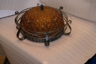 Vintage Spanish Goth Wrought Iron Amber Glass Ceiling Fixture