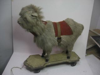 Old Rabbit Fur German Pull Toy Goat On Iron Wheel Wooden Cart