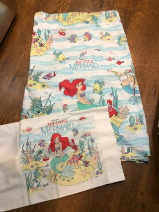 Vintage Disney The Little Mermaid Ariel Twin Size Flat Bed Sheet & Pillowcase