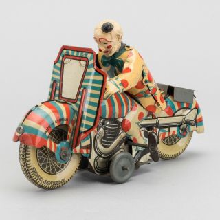 1946 - 1950 Mettoy Clown Motorcycle Tin Wind - Up Toy (dunlop Tires)