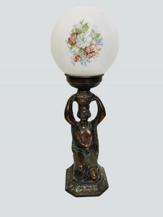Vintage Brass Bronze Figural Metal Lamp Art Nouveau Woman With Urn Globe Shade