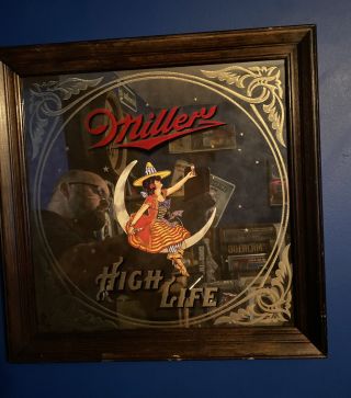 Vintage Beer Miller High Life Lady In The Moon Wall Mirror Girl Witch